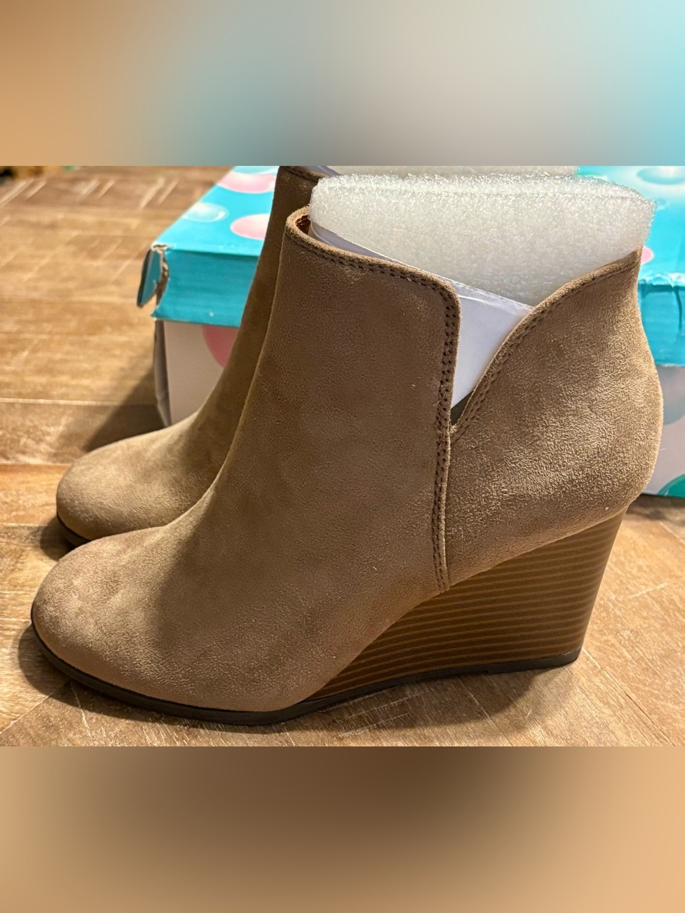 NEW IN BOX by Soda - Brown/Taupe Wedge Ankle Booties with Side Zipper - Picture 7 of 16